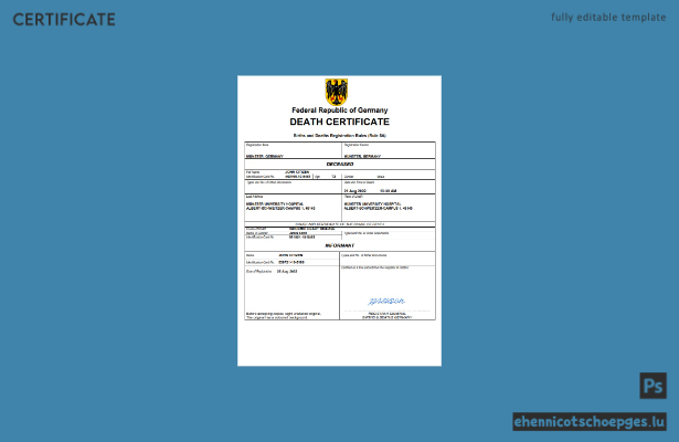 Deutsche Sterbeurkunde – Beispielansicht in Word und PDF